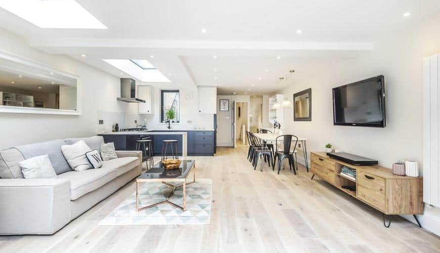 open planned kitchen dining room wooden floor home extension