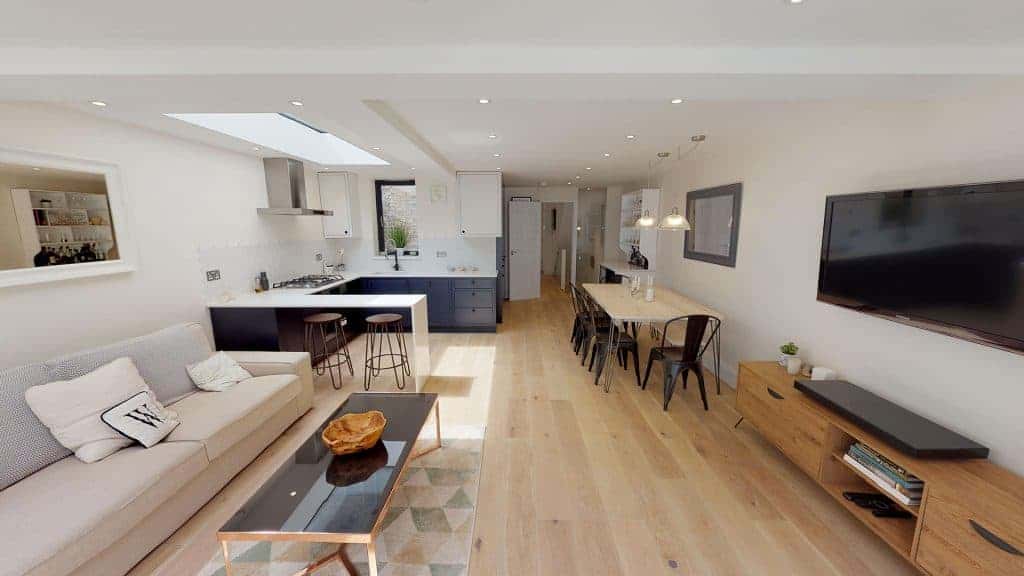 open kitchen diner and living room black styling