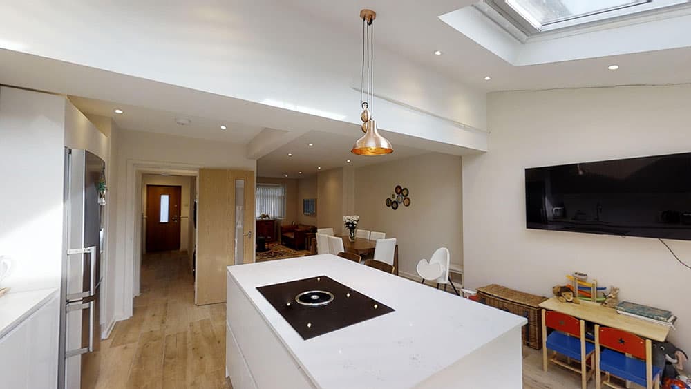 open plan kitchen dining room and living room