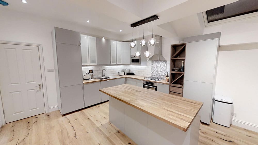 completed loft extension kitchen hanging lights