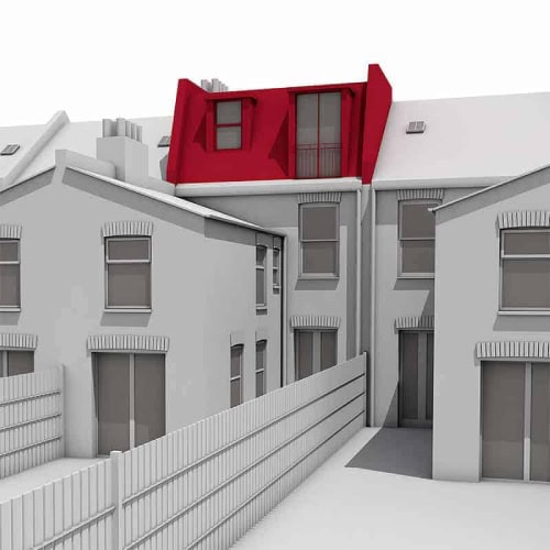 A 3D architectural rendering of a row of white terraced houses, with one roof highlighted in bright red to demonstrate a mansard loft conversion featuring two dormer windows